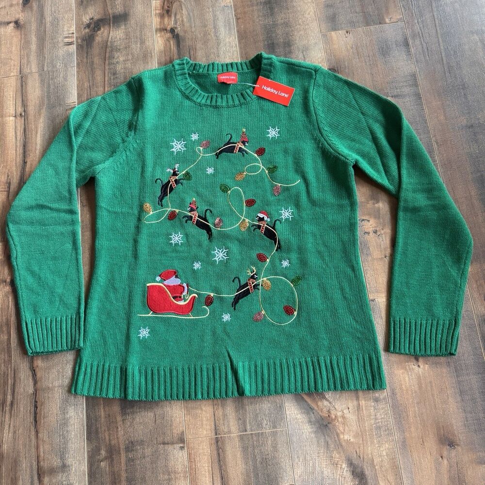 Macy's Holiday Lane Green Christmas Sweater Black Santa Black Cats NWT Medium